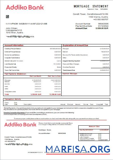 Blank Austria Addiko bank mortgage statement scr download for verification